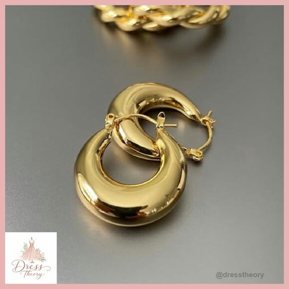 14K Gold Plated Chunky Triple Hoop Earrings Hypoallergenic 30mm - Picture 7 of 8